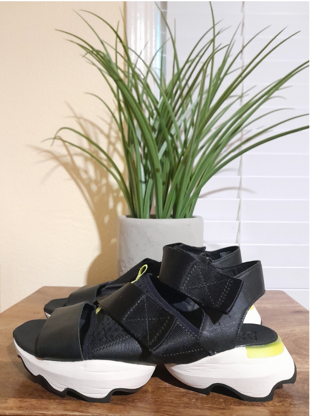 Sorel Black and Yellow Sport-Strap Platform Sandals